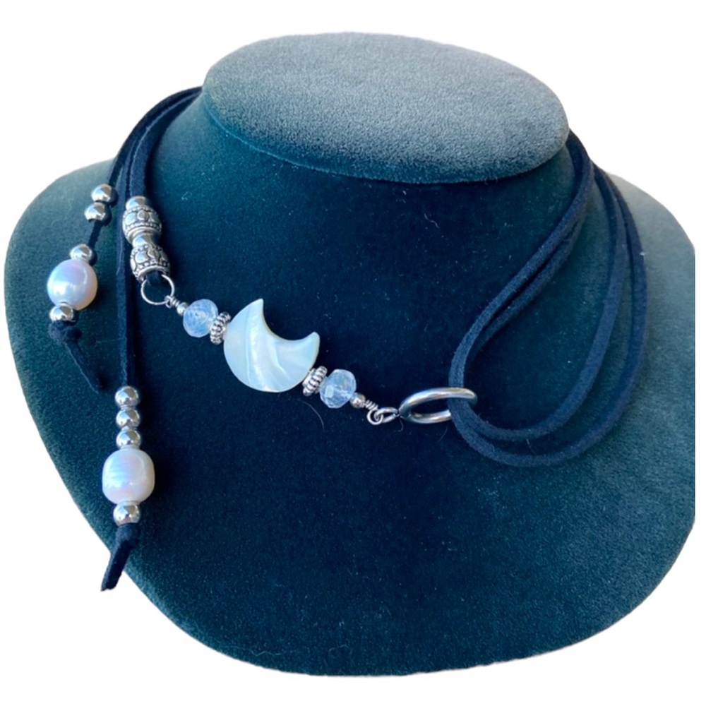 Women lariat wrap around moon pearl moonstone necklace
